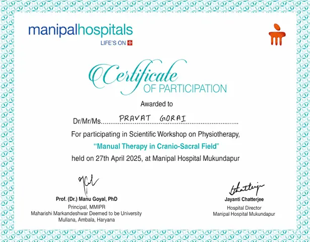 Manipal Hospital certificate of participation awarded to Dr. Pravat Gorai