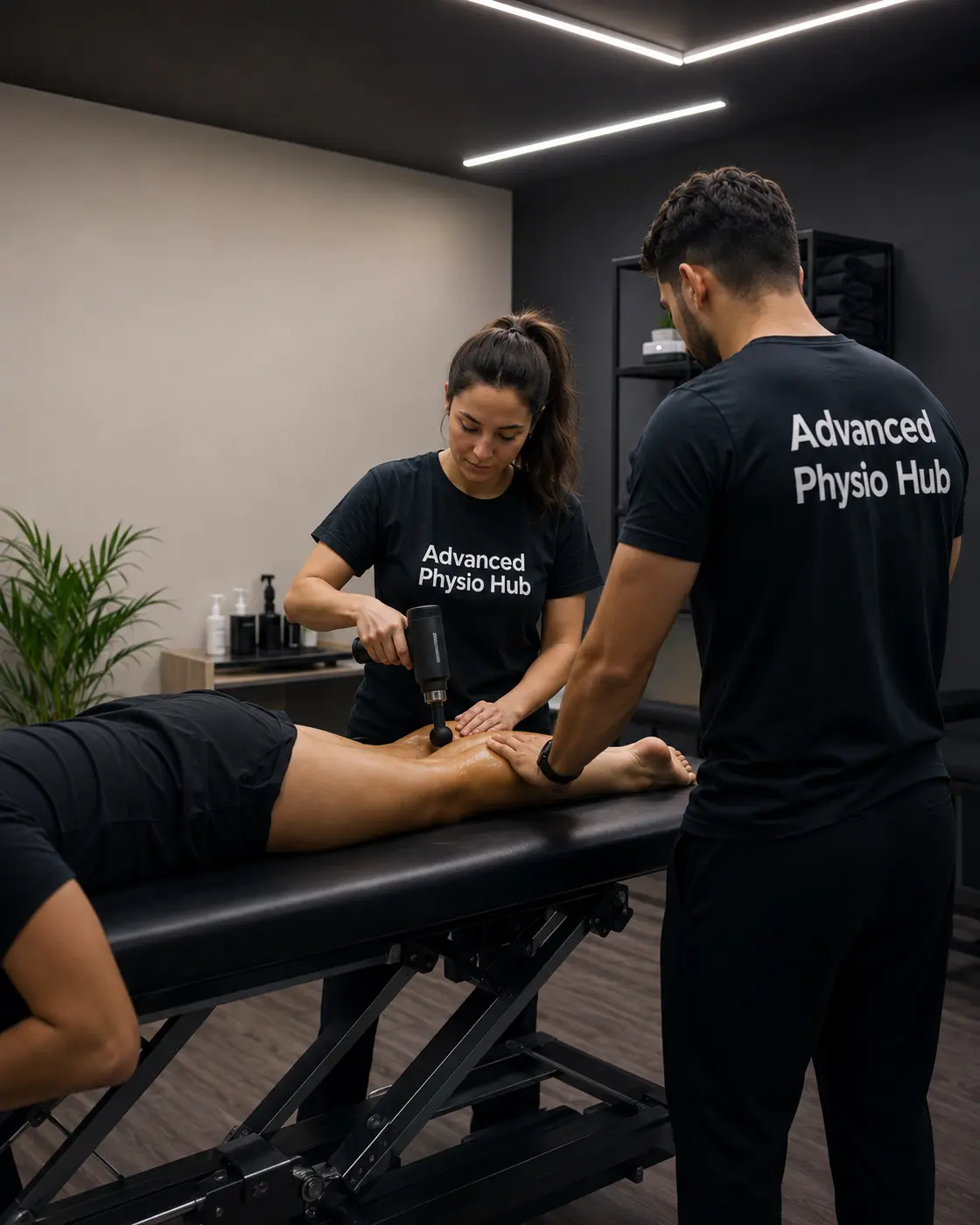 Two Advanced Physio Hub physiotherapists treating a patient during a home visit