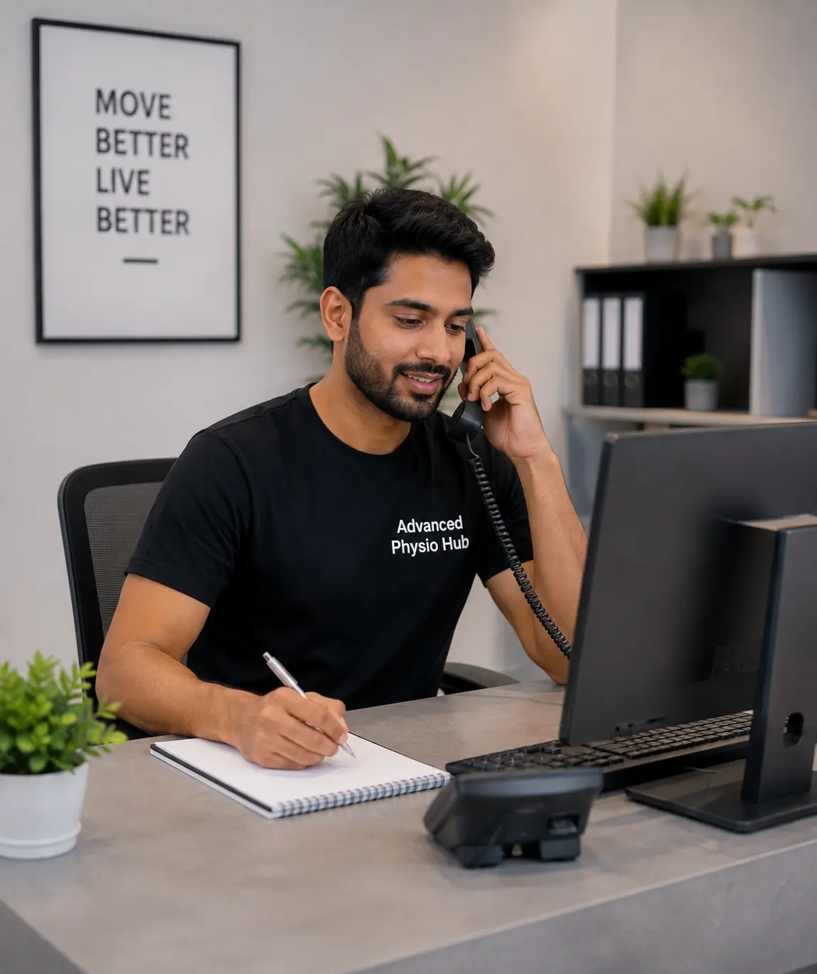 Care coordinator on a call, scheduling a home physiotherapy visit