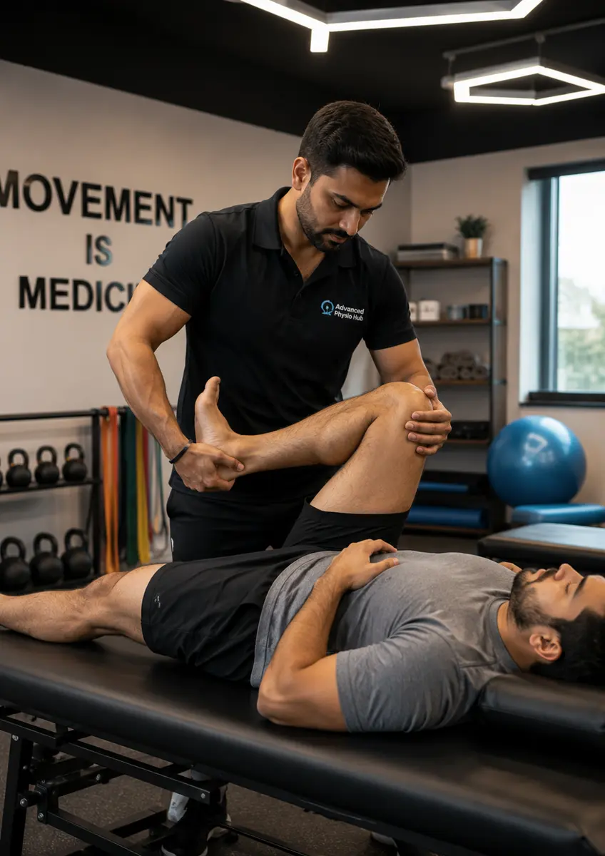 Advanced Physio Hub specialist guiding a patient through a knee mobility assessment at home