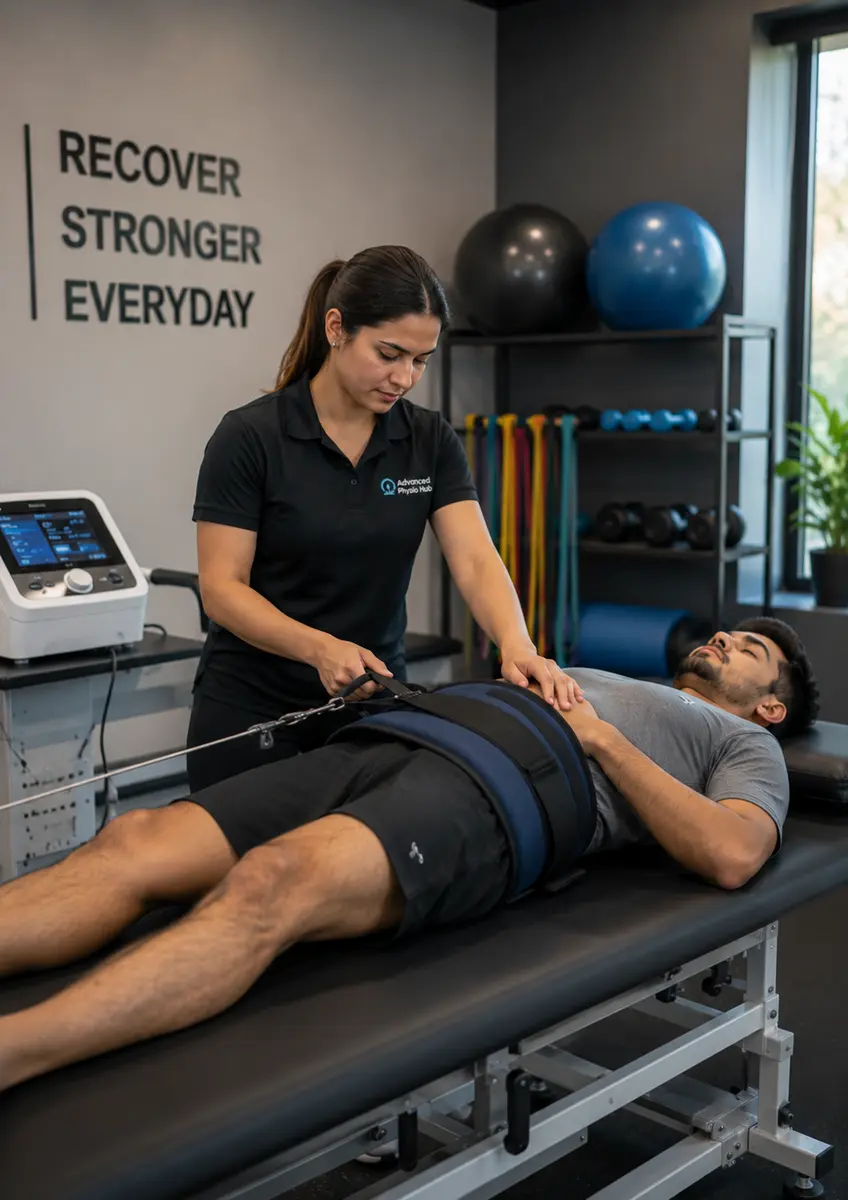 A physiotherapist assisting a patient with a resistance-band exercise during a home session
