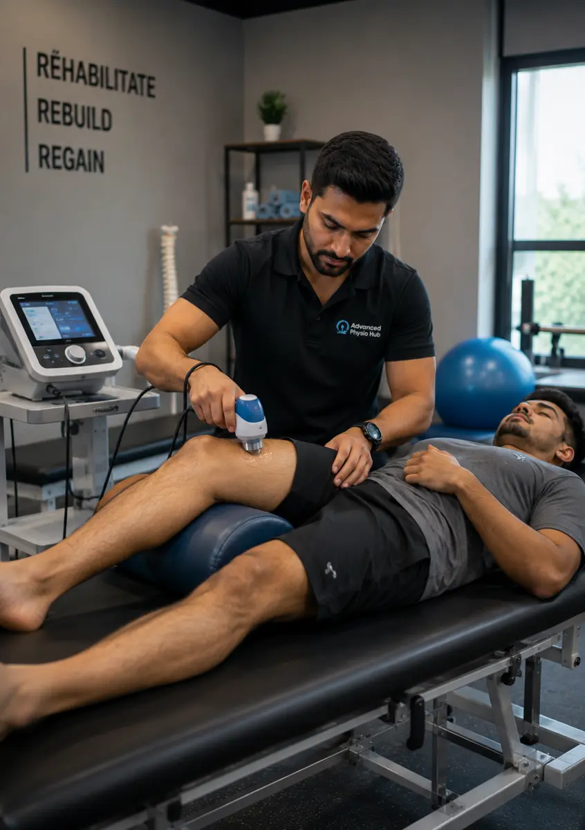 A physiotherapist guides a patient through a measured movement exercise during a home visit